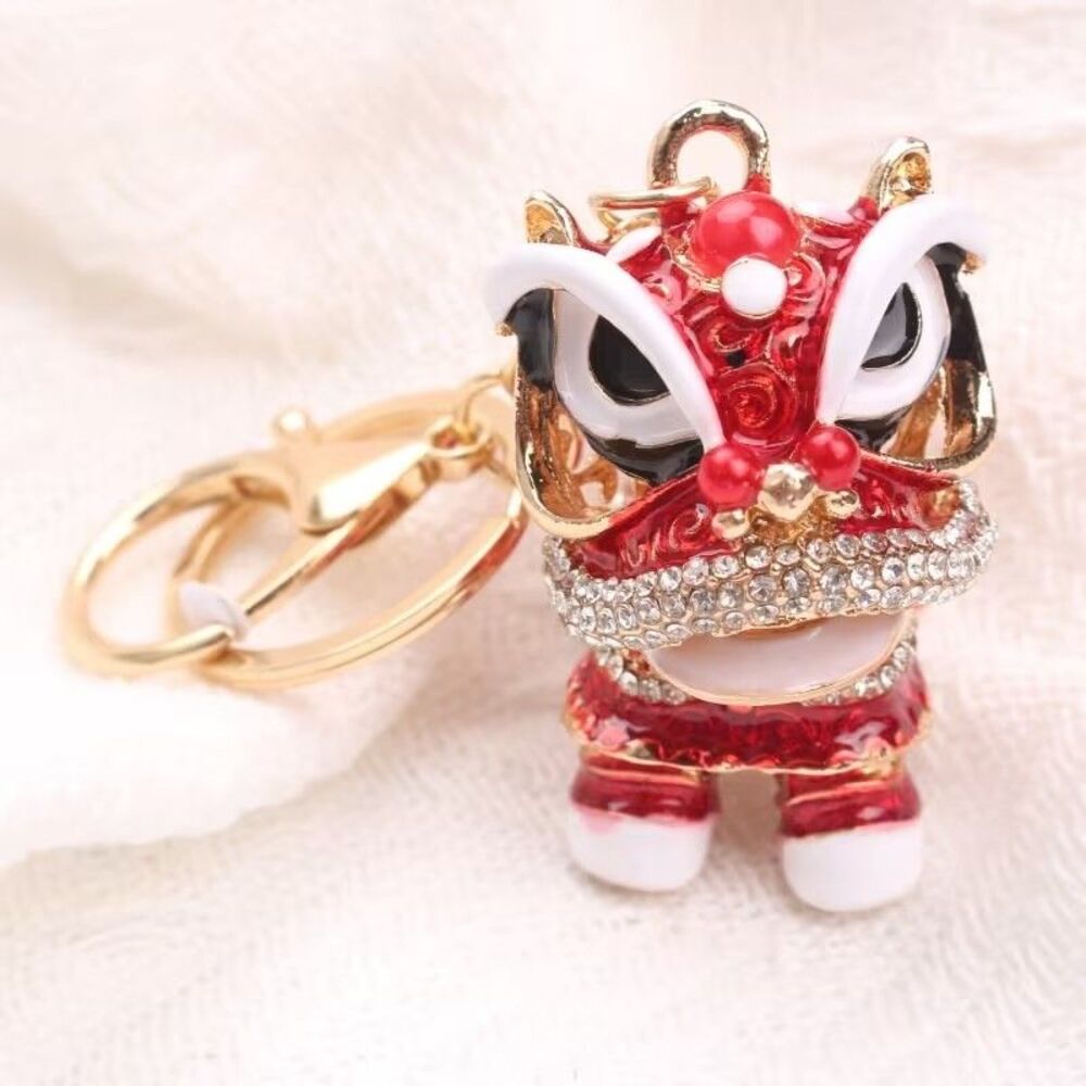 3D Rhinestone & Enamel Lion Dance Keychain Charm, Backpack, Purse Key Chain